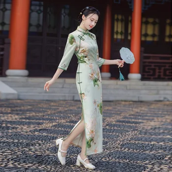 Дълъг Чонсам, нов замшевый есенен костюм за момичета с дълги ръкави в китайския традиционен ретро стил, ежедневното подобряване на младото рокля Ципао за жени, вечерни