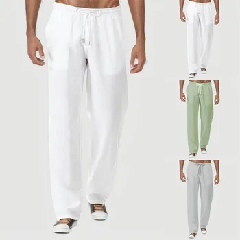 Ежедневни мъжки памук, ленени панталони, модерни обикновена широки панталони с завязками, удобни, свободни широки панталони, градинска дрехи, спортни панталони