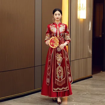 Елегантна бродерия на Финикс яка-часова Сватба Чонсам в китайски стил за булката атласное сватбена рокля с пайети и мъниста