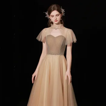 Елегантна тюлевое вечерна рокля трапецовидна форма, цвят шампанско, новост 2022 година, секси вечерна рокля с къси ръкави, расшитое мъниста, Vestido