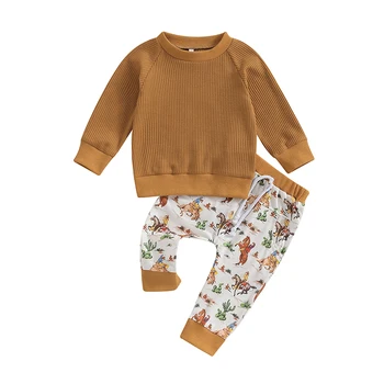 Есенна дрехи в западен стил за малки момчета, hoody с дълги ръкави и панталони с шарките на едър рогат добитък, ежедневни облекла от 2 теми