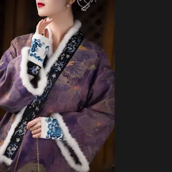 Есенно-зимния традиционен китайски лилаво кожа яка с принтом лотос, дебели костюм Тан, топ, дамски елегантни якета-чонсам, блуза