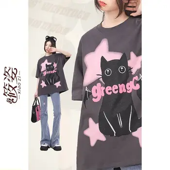 Женска Тениска Harajuku Cotton Star Cat 2023, Летен Свободен Ден За Ден Топ В Готически Стил, Ризи Оверсайз За Жени, Готически Корейски Върховете Y2k