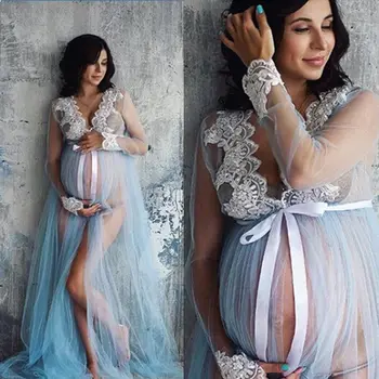 Женствена рокля за бременни, за фотосесии, дрехи за бременни, лейси завърши с дълъг ръкав, мрежести, прозрачни рокли за бременни, дамски