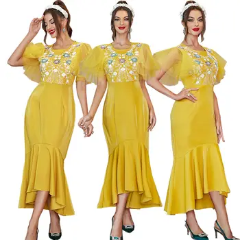 Женствена рокля с бродерия, жълта рокля с риба опашка, мароканска мюсюлманска абайя, коктейл рокля с къс ръкав, бална рокля за бала