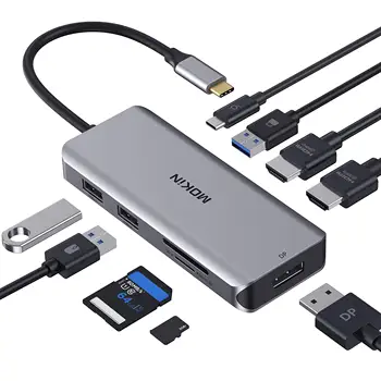 Зарядно устройство, USB Адаптер C, Многопортовый ключ с троен дисплей 9 в 1 с 2 4K, HDMI, DisplayPort, 3 USB, 100 W PD, SD /TF Карта