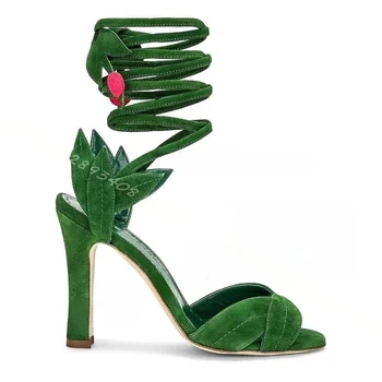 Зелени Сандали с декорация във формата на листа от Флока с каишка на щиколотке, Сандали на висок ток с Отворени пръсти, Дамски Летни Модела Обувки 2023, Zapatos Para Mujere
