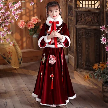 Зимно детско коледна рокля с бродерия, традиционен китайски детско хубава рокля за момичета в стила на древен Ханфу, дебел ватиран костюм от епохата на Тан