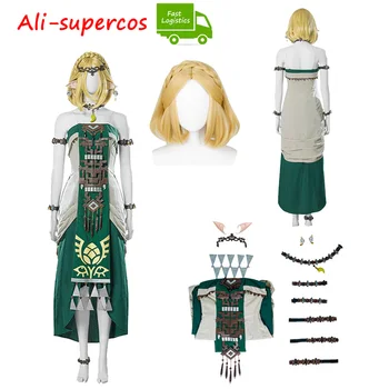 Игра Zelda Breath Of The Wild Cos Линк Cosplay Рокля на принцеса облекло-Дълги поли за момичета Кратък перука маскировочный костюм за парти на Хелоуин