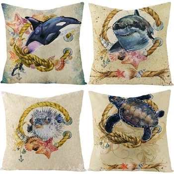 Калъфка за възглавница с принтом акули, китове, делфини, морски живот, бельо калъфка за възглавница, калъфка в океанското стил, начало декор, калъфка за възглавница