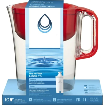 Кана-филтър за вода за 10 чаши с 1 филтър, изработен без BPA, Хюрън, червен