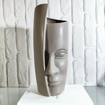 Керамична ваза Титуляр за цветя с мъжки лице, скандинавски начало декор, хол, дисплей, сиво художествена жардиньерка