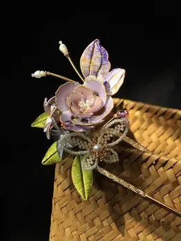 Китайски шапки Hanfu в ретро стил, шнола с лилаво цвете и пеперуда, антични аксесоари Hanfu, четка, ръчно изработени аксесоари, шнола за коса