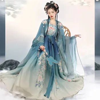 Китайското рокля Hanfu, комплект от 3 бр., синьо струящееся рокля макси, китайското древно женствена рокля с бродерия, костюм за костюмированной заснемане на бала