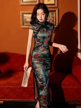 Китайското рокля, рокля Ципао с копринен принтом, големи размери, високо качество на 2023, секси рокли Чонсам, вечерни ориенталски рокли, дрехи от Китай