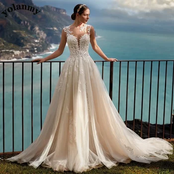 Класически булчински рокли YOLANMY с кръгло деколте и без ръкави, вечерни апликация на принцеса сватбена рокля, сшитое на поръчка Brautkleid за жени