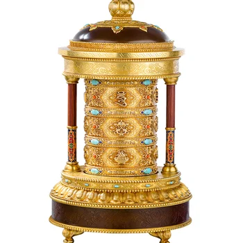 Колелото на Електрическо молитвено колело е от чиста мед в златната бъчва будистки аксесоари Бижута за благословията на Буда отпред, свързани с цвете лотос
