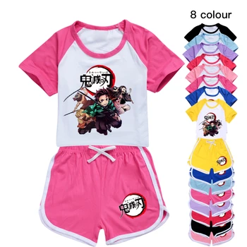Комплект детски тениски Demon Slayer С 3D принтом, Модни Панталони с къси ръкави За момчета И Момичета, Дишаща Пижама от 2 теми от 2 до 16 години