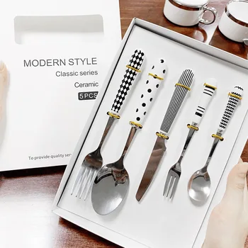 Комплект ножове, вилици и лъжици от неръждаема стомана с керамична дръжка, 10 кутии