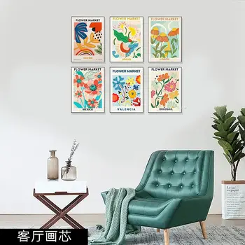 Комплект от 6 плакати с цветния пазар, монтиране на изкуството на Матис, ботанически щампи, рисунки върху платно за всекидневната, плакати за спални без рамка