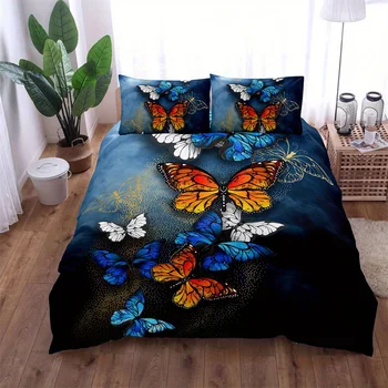 Комплект спално бельо с принтом пеперуди, състоящ се от 3 пододеяльников, покрива възглавница, мек и уютен за детска спалня за възрастни, двоен чаршаф (без чаршафи)