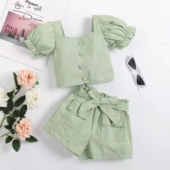 Комплект шорти с лък и колан за малки момичета, летни комплекти от 2 предмети с квадратна яка, маркови дизайнерски детски къси блузи за момичета GY02173