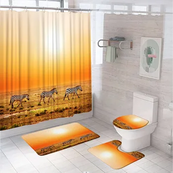 Комплекти за баня Grassland Zebra 3D, завеса за душ, нескользящий мат, подложка за баня, капак за тоалетна, животни, природни пейзажи, параван за баня по залез слънце