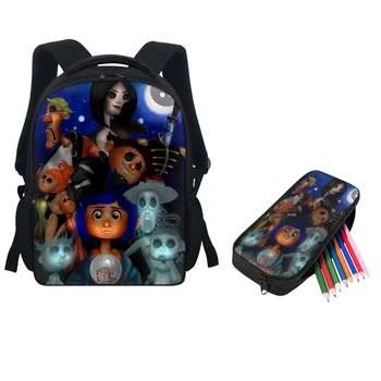 Коралина Пухкави 3D карикатура Детски училищни чанти за момичета Случайни малка раница Комплект от 2 малки деца Детска чанта за книги с пеналом Mochila