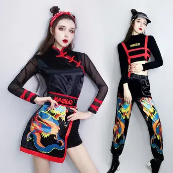 Костюм за джаз танц, костюм за изяви в китайски стил с принтом дракон, секси ретро женствена рокля, хип-хоп танцови облекла, облекло рейв-танцьорка