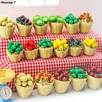 Кошница за зеленчуци, бамбук кошница, миниатюрни аксесоари, куклена къща, миниатюрна играчка за хранене, 1:12