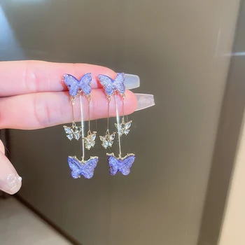 Кристални метални виолетово-бели обеци-пеперуди с пискюли за жени 2023, нови корейски модни обеци, бижута подарък за рожден ден