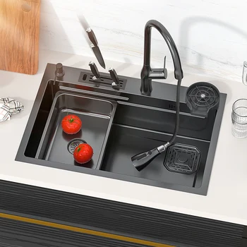 Кухненска мивка от неръждаема стомана Nano 304, електроуреди мивка, японски стил, големият единичен слот с притежателя на ножа над мивката.