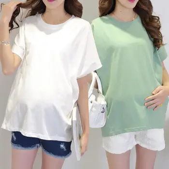 Летен топ с къс ръкав за бременни, модерен комплект от две части, лятна свободна базова ризата е със средна дължина, тениска за бременни жени