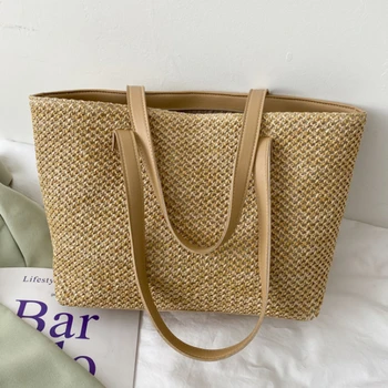 Летни дамски чанти-тоут за почивка, плетени чанти от слама, плажни пътни чанти, дамски чанти, за пазаруване
