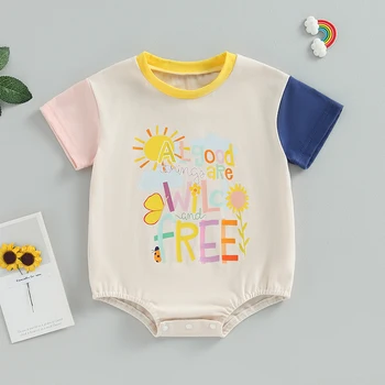 Летни дрехи за бебета, плъзгачи за момчета и момичета, гащеризон памук за новородени с къс ръкав контрастен цвят, гащеризон с писмото принтом