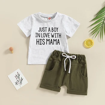 Летни дрехи за Деня на майката за малки момчета, тениска с къс ръкав и писмото принтом, блузи, къси панталони с еластичен ластик на талията и завязками, комплект от 2 теми