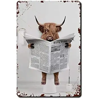 Лидице Знак Шотландската Високият Крава В Тоалетната Чете Вестник Хумор в банята Смешно Животно в Банята на Тоалетната Странни Знаци на Животни