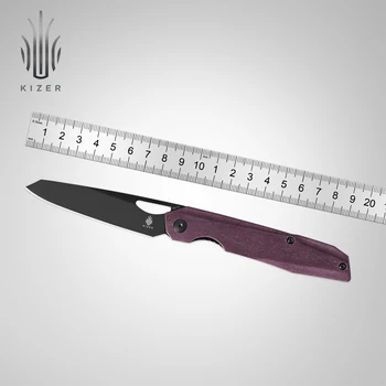 Ловен Нож Kizer V4545C2 Genie 2022, Нова Червена Дръжка Richlite с обковани със Стомана с Черно Острие 154 см, Сгъваем Нож за Оцеляване Инструменти
