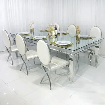Луксозна маса за хранене, огледала събития таблици правоъгълник, сребро, неръждаема стомана стъклена за сватбени услуги