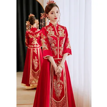 Луксозна сватбена рокля на булката в китайски стил, расшитое мъниста Финикс, Рокли, сватбен костюм