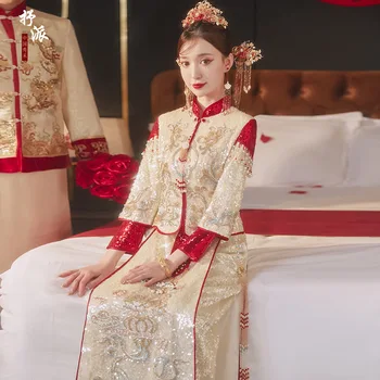 Луксозно Китайското Традиционно Женски Сватбена Рокля С Бродерия, Дълъг Чонсам, Стилна Елегантна Булката, Младоженеца китайски дрехи