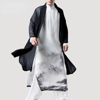 Лятна ветровка в китайски стил, мъже тънка дълга солнцезащитная облекло средна дължина, наметало в древен стил, мъжко свободното си черно палто