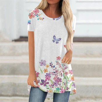 Лятна дамска тениска с 3D цветя, блузи с къс ръкав, тениски, ежедневни тениска за всеки ден, дамски дрехи, дрехи за момичета големи размери