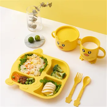 Малка жълта купа с патица, чаша, лъжица, вилица, набор от детски съдове за готвене от 5 теми, скъпа решетка в анимационни форма, чиния за вечеря в детската градина