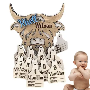 Месечно събитие високопланинско крави Дървени карти за изрязване на етикети на бебето високопланинско крави 15 бр Маркери за записите Снимка за спомен за първата година Снимка