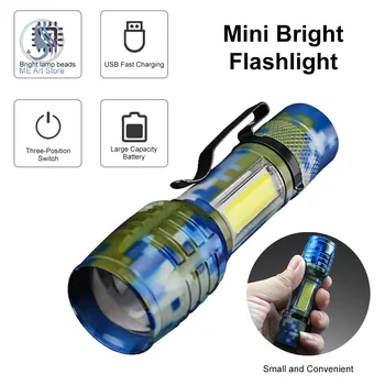 Мини led фенерче с висока мощност USB акумулаторна фенерче ультралегкий със странична светлина COB Фенер за туризъм на открито, Къмпинг