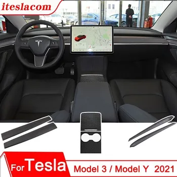 Модел 3 Капак на таблото за Tesla, модел 3 до 2023 г., интериорни аксесоари от въглеродни влакна, ABS, стикер за облицовки на централната конзола на автомобила, панел врати