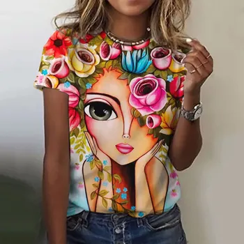 Модерен дамски тениски с 3D принтом и цветен модел, с шарени Момичета, с къс ръкав в стил Харадзюку, Цветна Риза с кръгло деколте, Женска тениска, Лятна Р