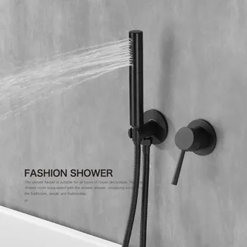 Модерен месинг смесител за душ в банята, стенен монтаж комплект за душ със студена и гореща вода, с две функции ръчен душ глава
