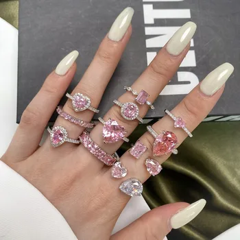 Модерен пръстен от сребро 925 проба, лека луксозна капка вода, праскова сърце, Темперамент, квадратен диамант, розов пръстен с высокоуглеродистым диамантен пръстен